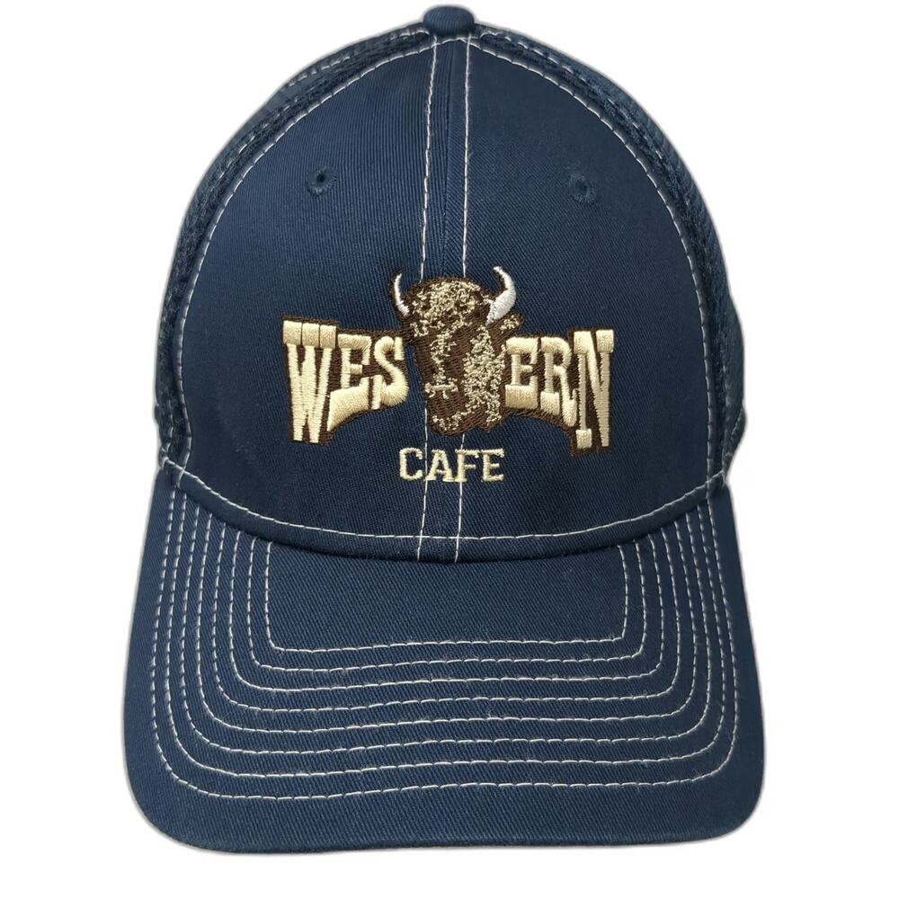 New Era Blue Baseball Cap L Western Cafe Bozeman Montana Bison Fitted Mesh Hat